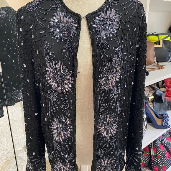 Vintage Silk Beaded Evening Jacket Sz Medium sequin 90s 80s Black - Picture 10 of 10